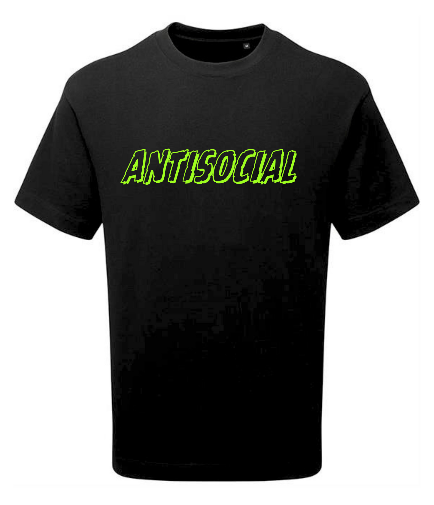Black t-shirt with 'ANTISOCIAL' in green on a white background