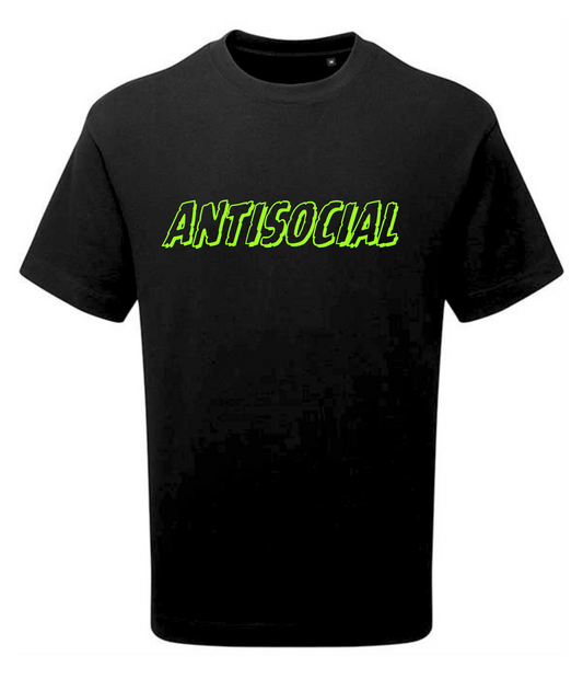 Black t-shirt with 'ANTISOCIAL' in green on a white background
