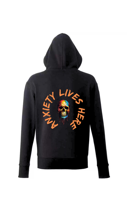 Black hoodie with colorful skull design and text on the back.
