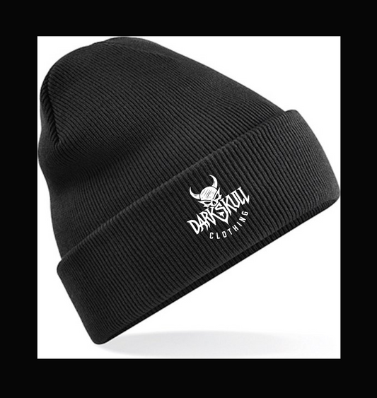 Black beanie with a logo on a white background
