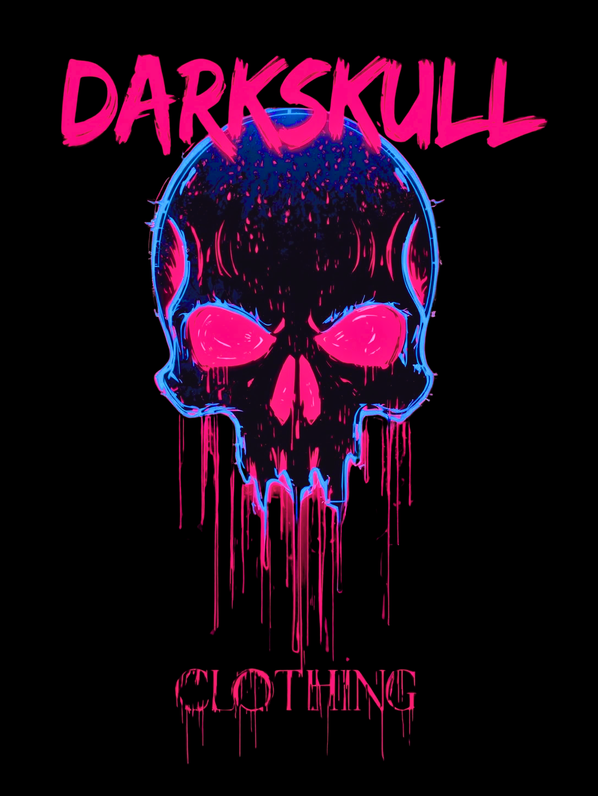 Skull design with pink and blue colors on a black background, featuring the brand 'Darkskull Clothing'.