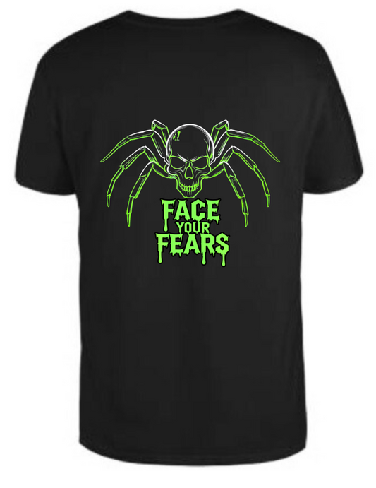 Black t-shirt with green spider graphic and 'Face Your Fears' text 