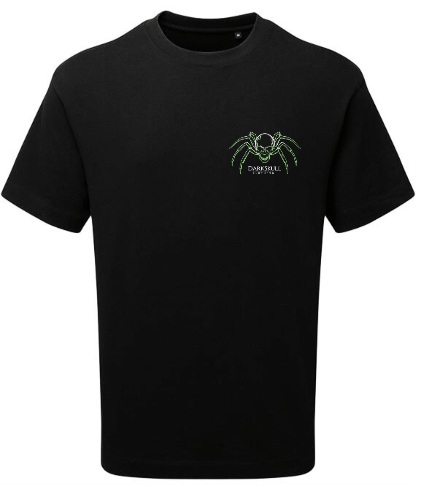 Black t-shirt with a green logo 