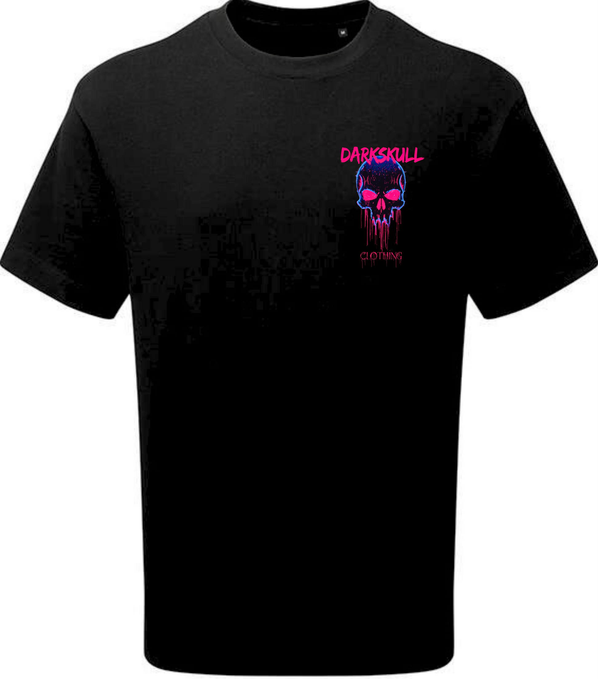 Black t-shirt with a graphic design on the chest against a white background