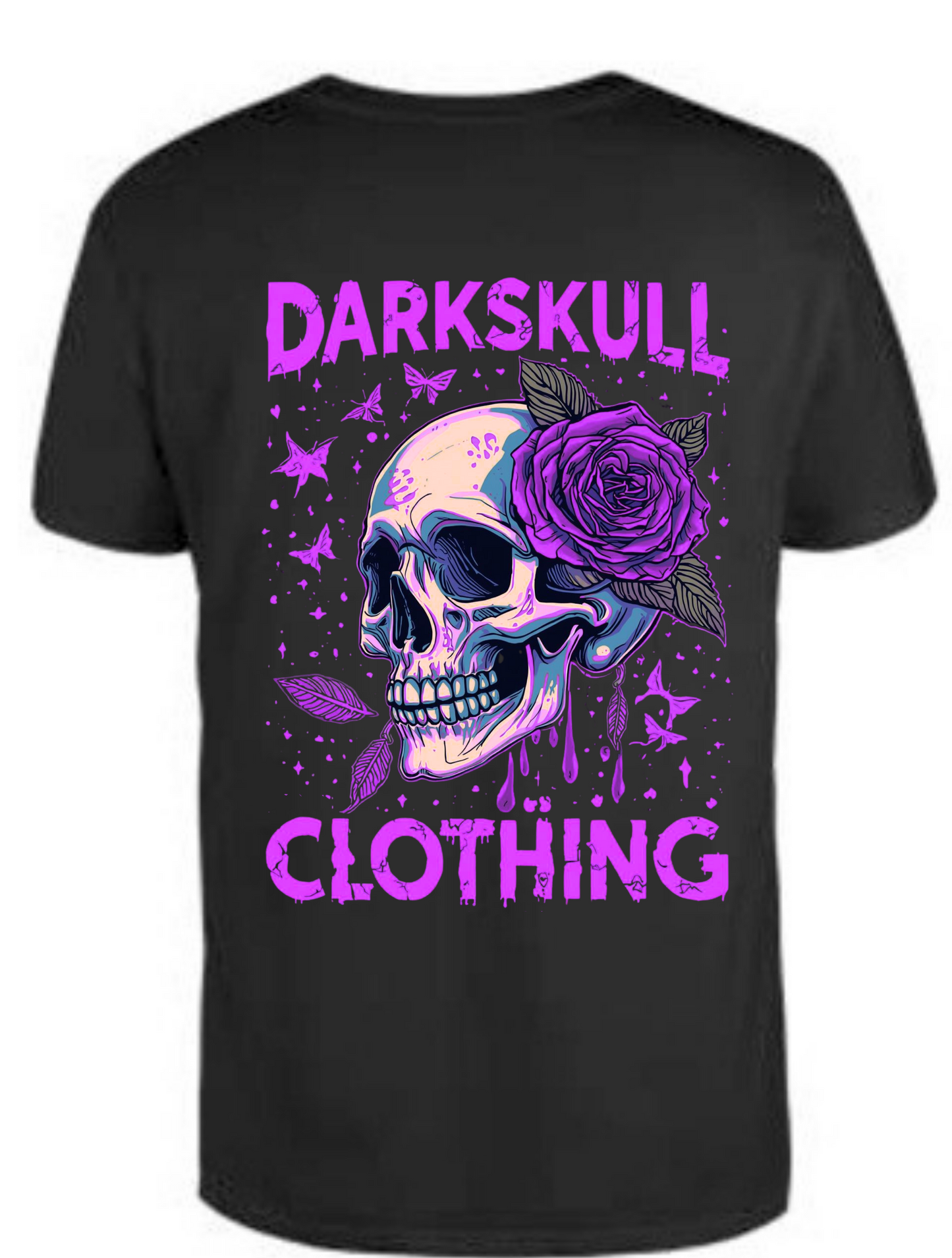A black short-sleeve t-shirt featuring a graphic print of a skull and a purple rose, with the text 'DARKSKULL CLOTHING' in a stylized purple font.
