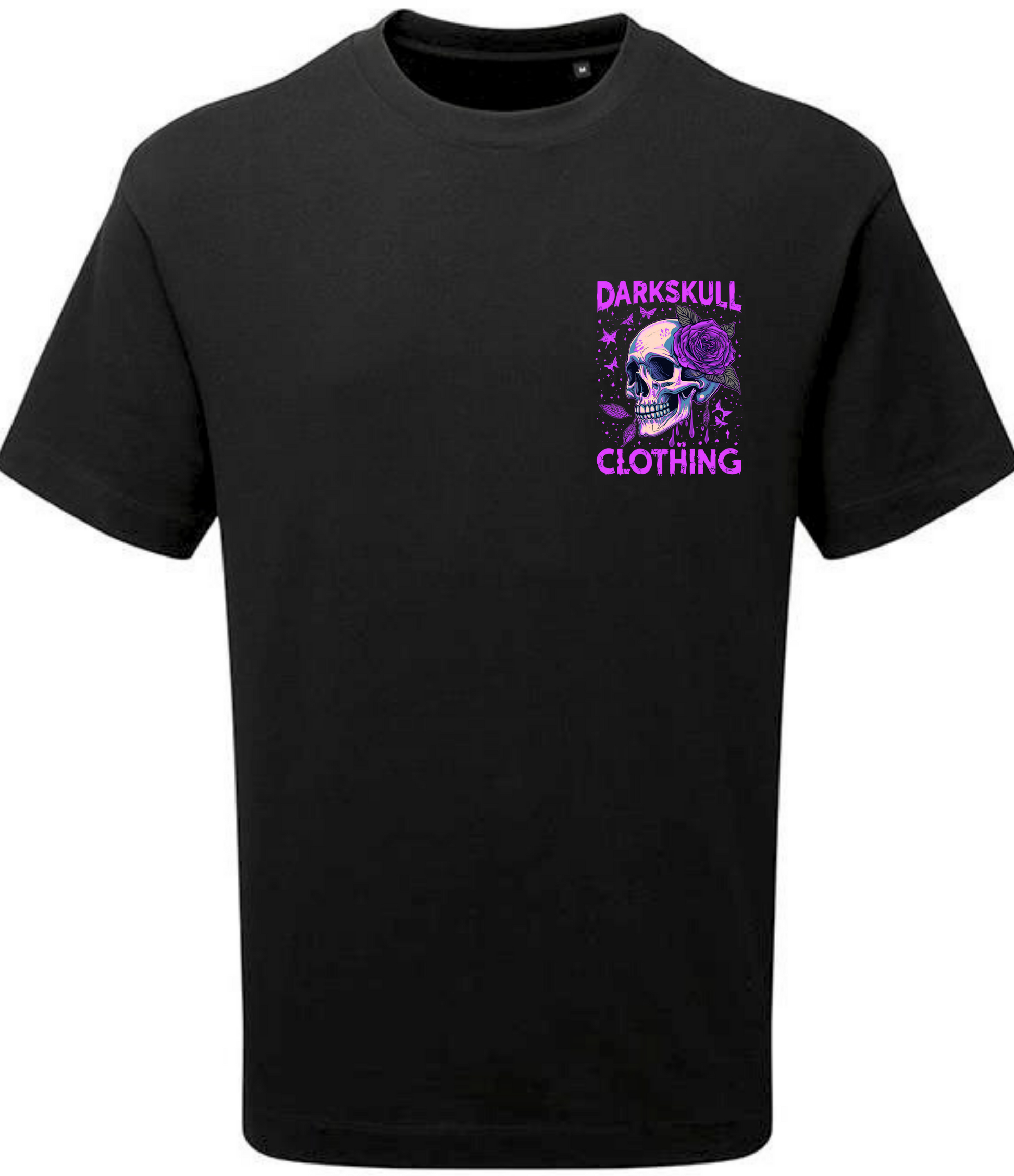 A black short-sleeve crewneck t-shirt featuring a purple graphic on the left chest with a skull, roses, and the text 'DARKSKULL CLOTHING'.