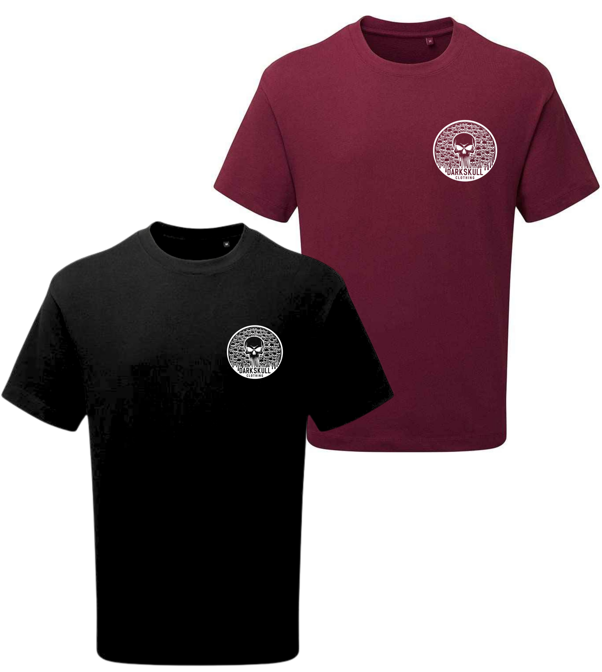 Black and burgundy t-shirts with a circular DARKSKULL logo.