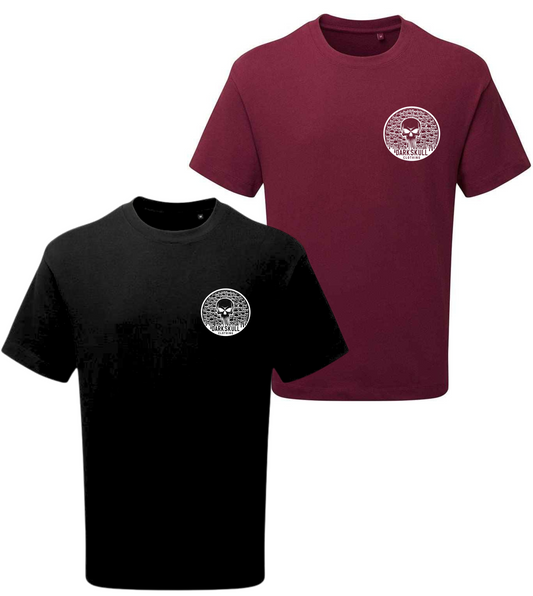 Black and burgundy t-shirts with a circular DARKSKULL logo.
