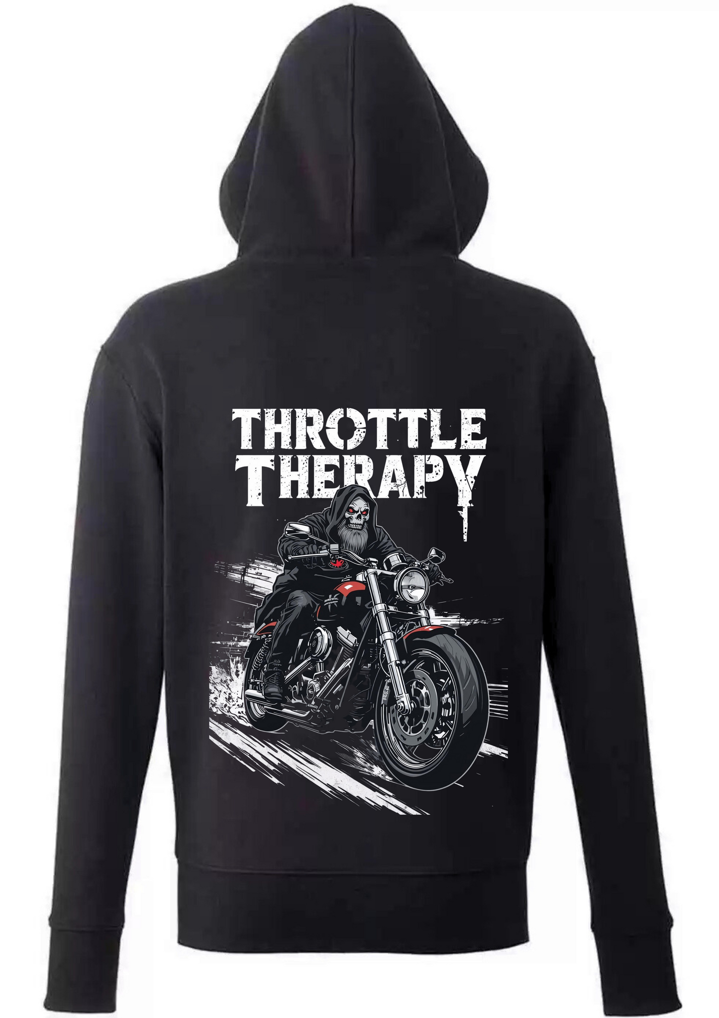 Black hoodie with 'Throttle Therapy' graphic on the back, featuring a motorcycle and rider design.