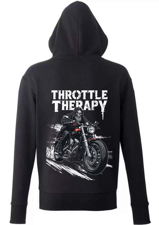 Black hoodie with 'Throttle Therapy' graphic on the back, featuring a motorcycle and rider design.