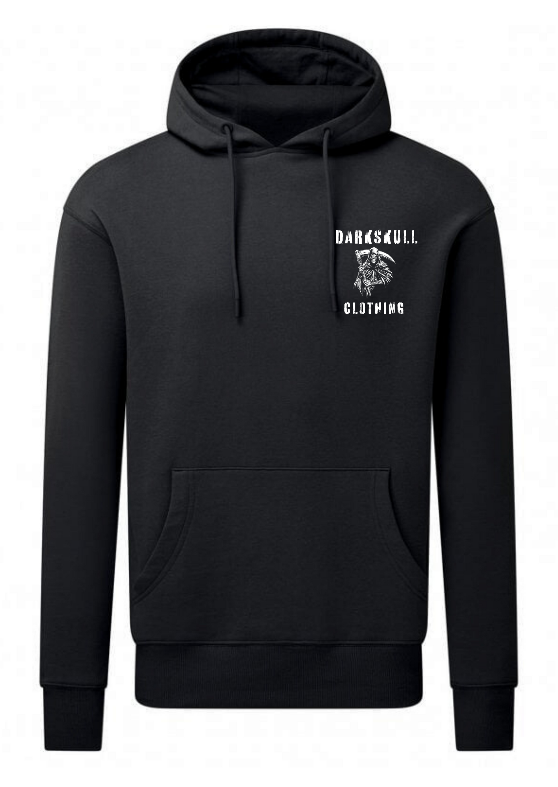 Black hoodie with a logo on the chest against a white background